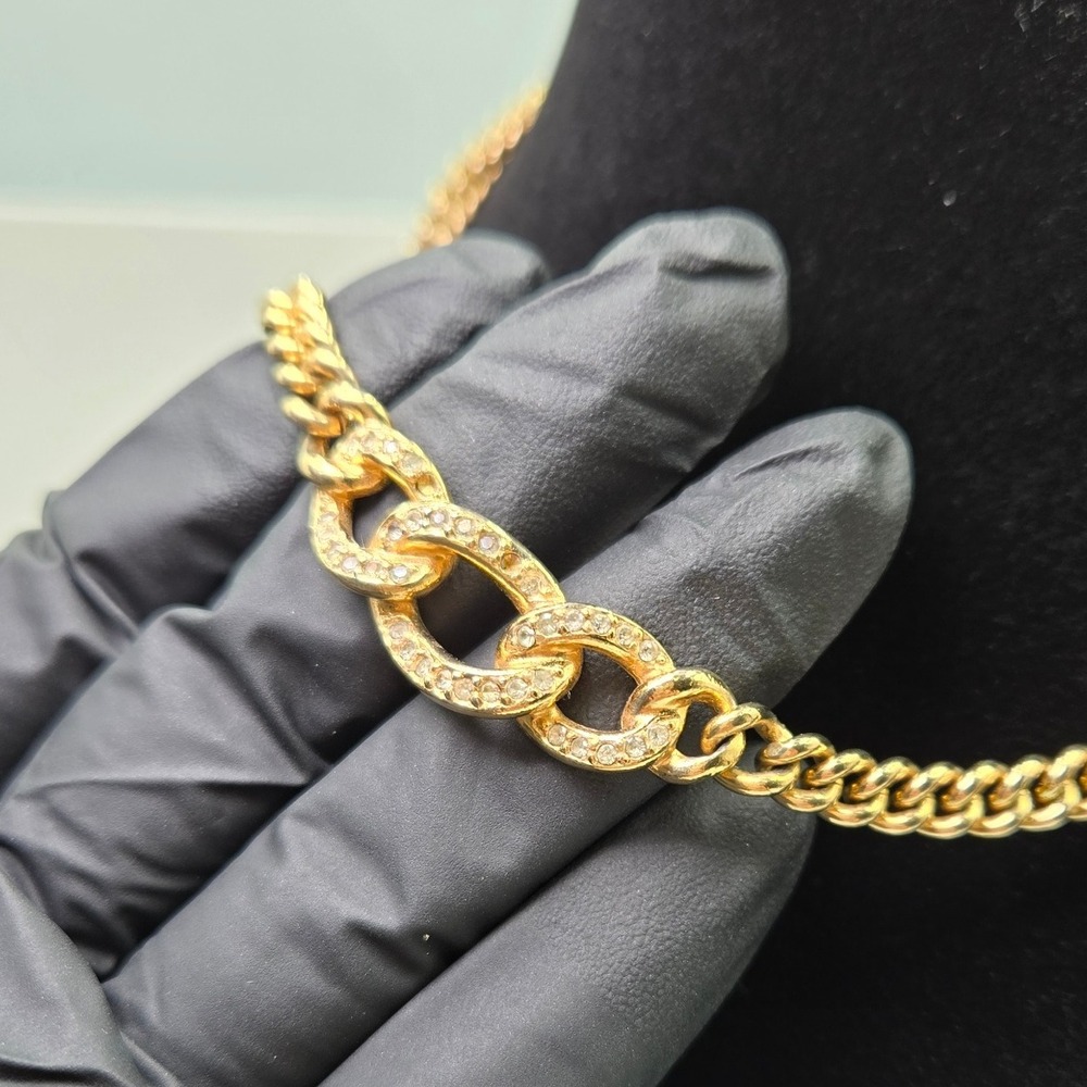Christian Dior Gold Tone Chain Necklace Crystal Interlocking Oval Links - Picture 5 of 9